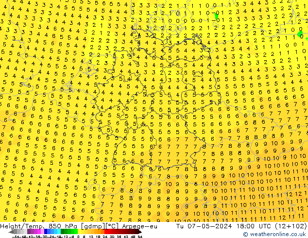 Hoogte/Temp. 850 hPa Arpege-eu di 07.05.2024 18 UTC