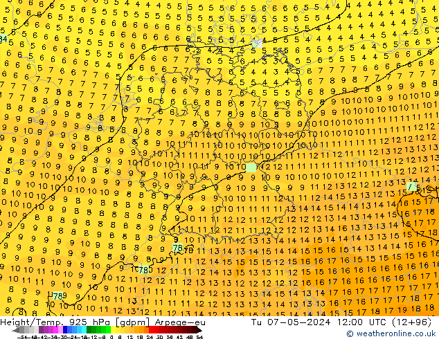 Height/Temp. 925 hPa Arpege-eu Tu 07.05.2024 12 UTC