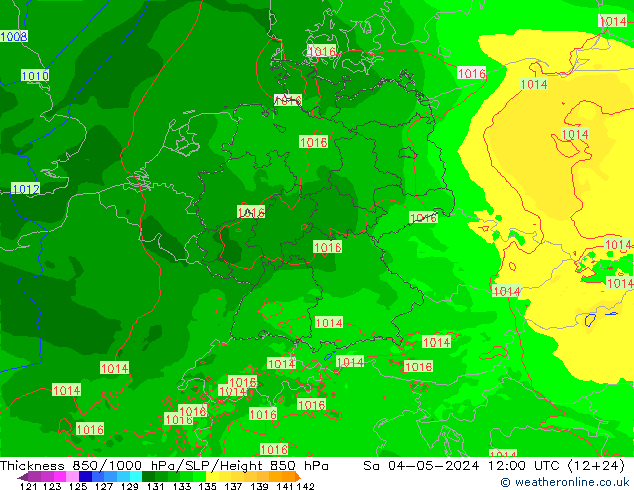 Schichtdicke 850-1000 hPa Arpege-eu Sa 04.05.2024 12 UTC