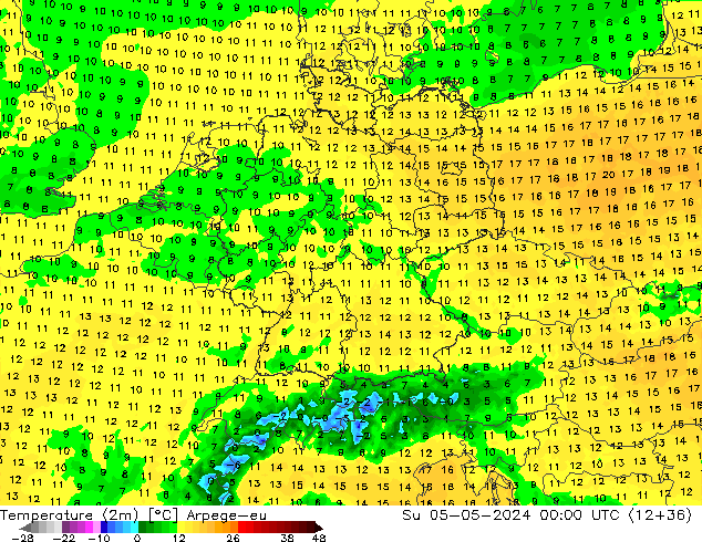 Temperatuurkaart (2m) Arpege-eu zo 05.05.2024 00 UTC