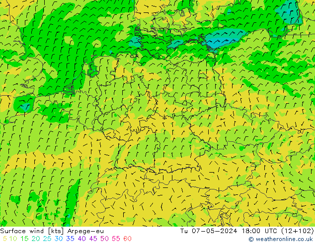 Surface wind Arpege-eu Tu 07.05.2024 18 UTC