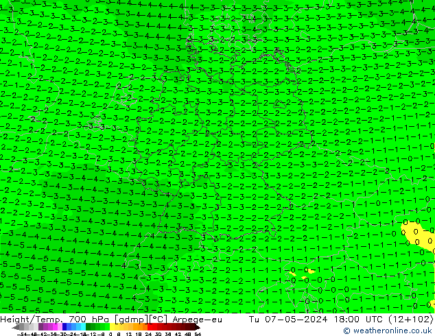Height/Temp. 700 hPa Arpege-eu Út 07.05.2024 18 UTC