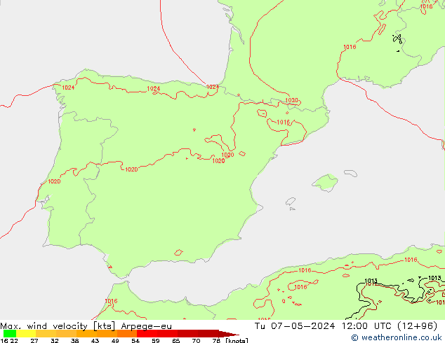 Max. wind velocity Arpege-eu Tu 07.05.2024 12 UTC