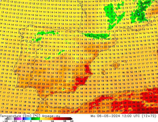 température (2m) Arpege-eu lun 06.05.2024 12 UTC