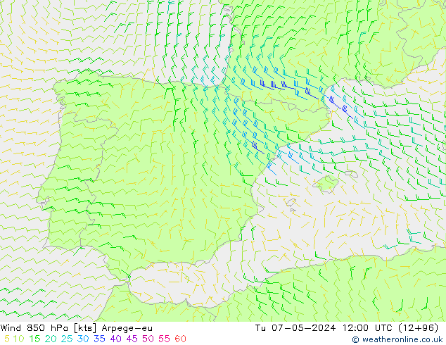 Wind 850 hPa Arpege-eu Tu 07.05.2024 12 UTC