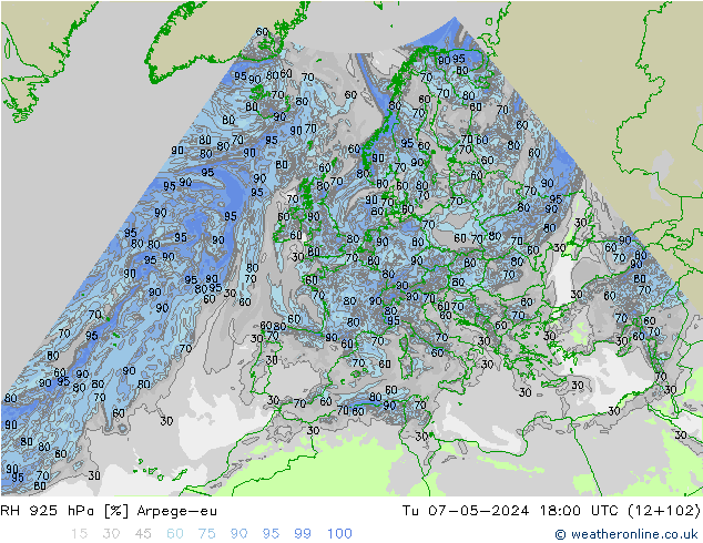 RH 925 hPa Arpege-eu mar 07.05.2024 18 UTC