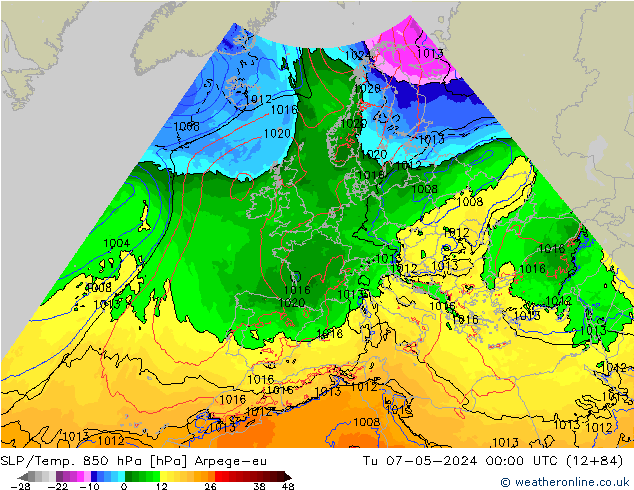 850 hPa Yer Bas./Sıc Arpege-eu Sa 07.05.2024 00 UTC