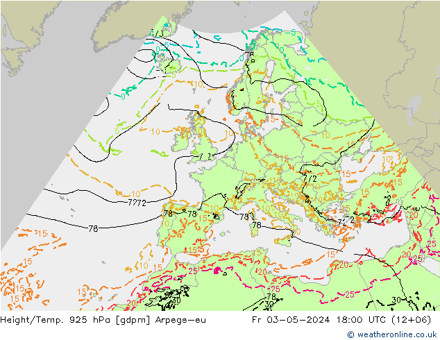 Géop./Temp. 925 hPa Arpege-eu ven 03.05.2024 18 UTC