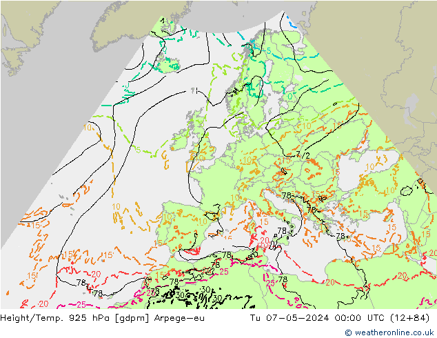 Yükseklik/Sıc. 925 hPa Arpege-eu Sa 07.05.2024 00 UTC