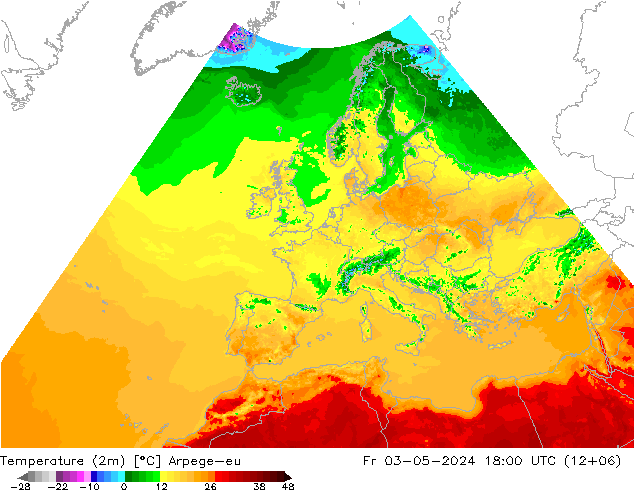 Temperatura (2m) Arpege-eu vie 03.05.2024 18 UTC
