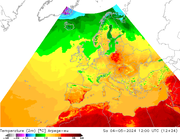 Temperatura (2m) Arpege-eu sab 04.05.2024 12 UTC