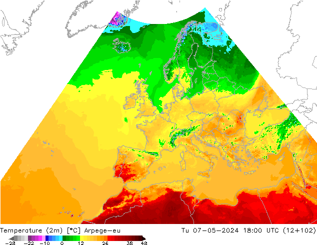 Temperaturkarte (2m) Arpege-eu Di 07.05.2024 18 UTC