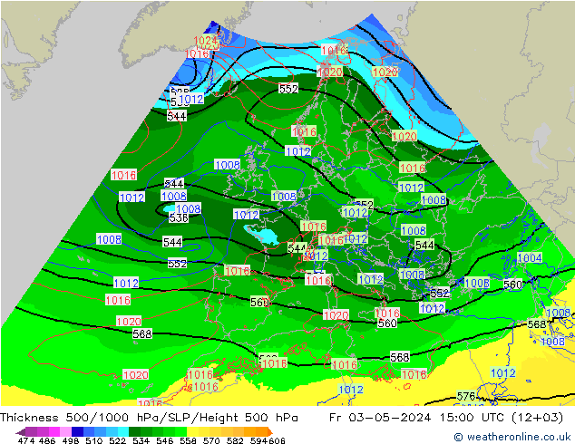 Espesor 500-1000 hPa Arpege-eu vie 03.05.2024 15 UTC