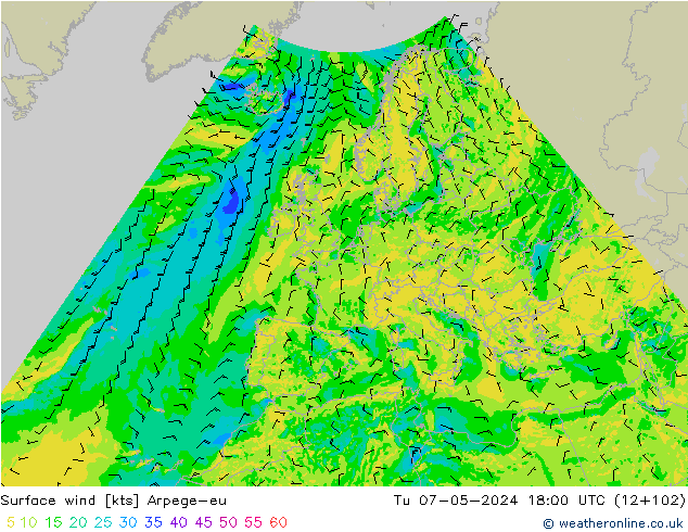 Surface wind Arpege-eu Tu 07.05.2024 18 UTC