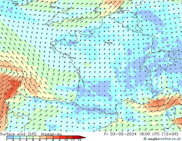 Surface wind (bft) Arpege-eu Fr 03.05.2024 18 UTC