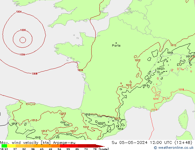 Max. wind velocity Arpege-eu Ne 05.05.2024 12 UTC