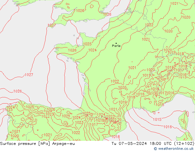 Surface pressure Arpege-eu Tu 07.05.2024 18 UTC