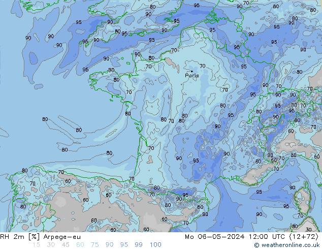 Humidité rel. 2m Arpege-eu lun 06.05.2024 12 UTC