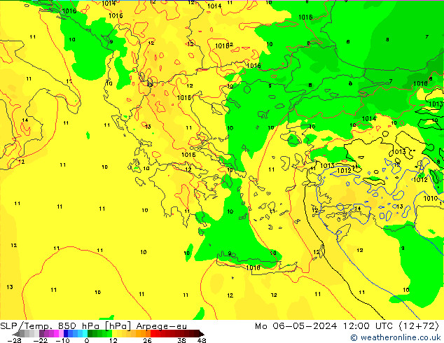 SLP/Temp. 850 hPa Arpege-eu pon. 06.05.2024 12 UTC