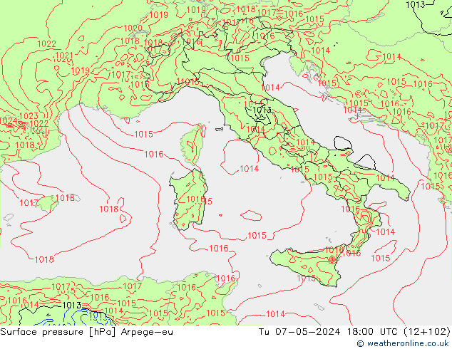 Surface pressure Arpege-eu Tu 07.05.2024 18 UTC
