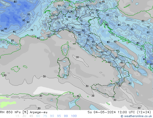 RH 850 hPa Arpege-eu Sáb 04.05.2024 12 UTC