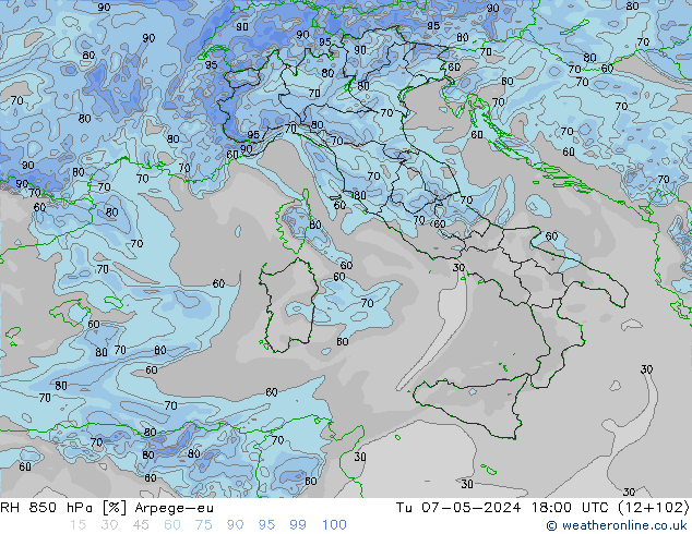 RH 850 гПа Arpege-eu вт 07.05.2024 18 UTC