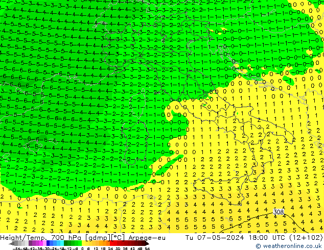 Height/Temp. 700 hPa Arpege-eu Di 07.05.2024 18 UTC