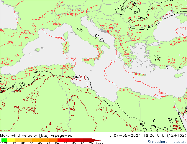 Max. wind velocity Arpege-eu Tu 07.05.2024 18 UTC