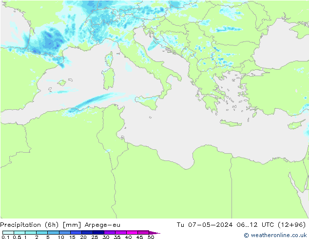 Precipitation (6h) Arpege-eu Tu 07.05.2024 12 UTC