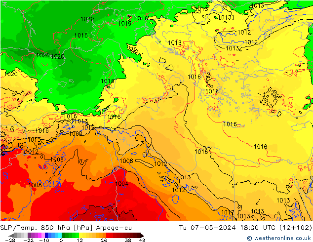 850 hPa Yer Bas./Sıc Arpege-eu Sa 07.05.2024 18 UTC