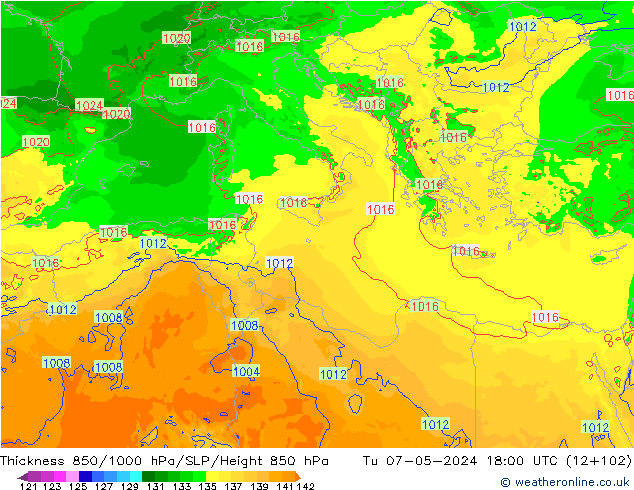 Thck 850-1000 hPa Arpege-eu Tu 07.05.2024 18 UTC