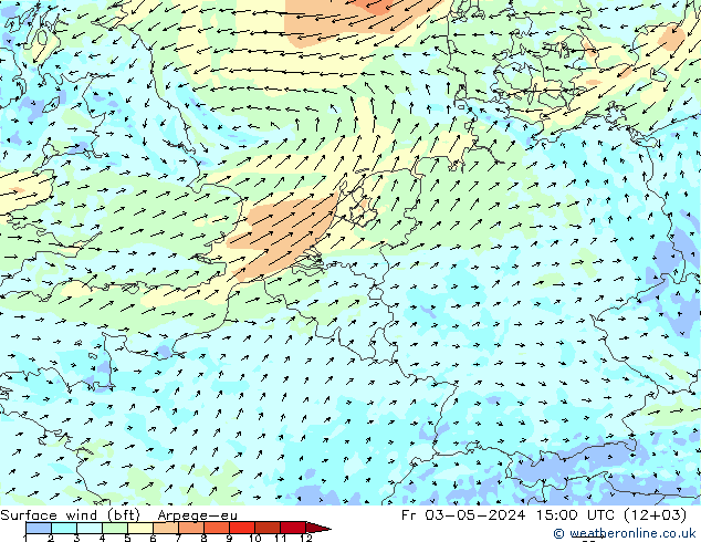 wiatr 10 m (bft) Arpege-eu pt. 03.05.2024 15 UTC