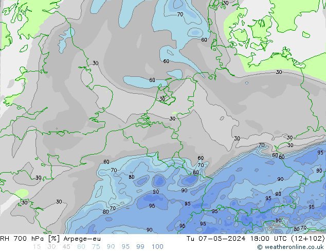 Humidité rel. 700 hPa Arpege-eu mar 07.05.2024 18 UTC