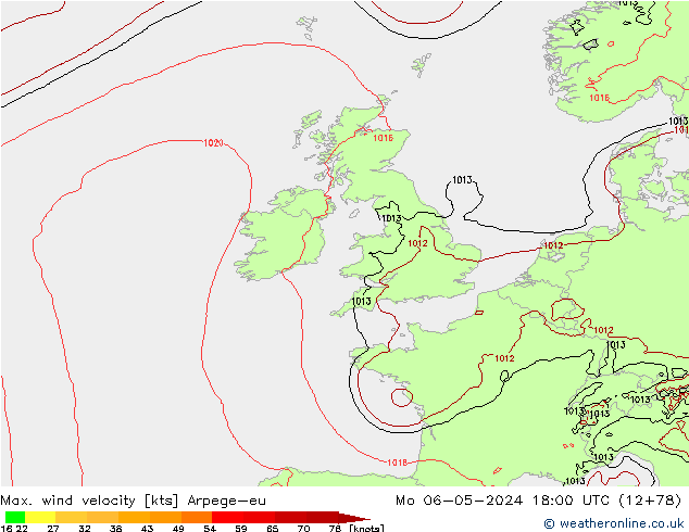 Max. wind velocity Arpege-eu  06.05.2024 18 UTC