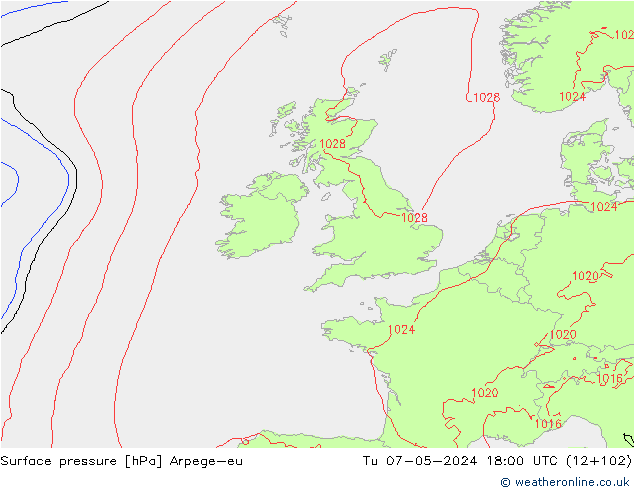 Surface pressure Arpege-eu Tu 07.05.2024 18 UTC