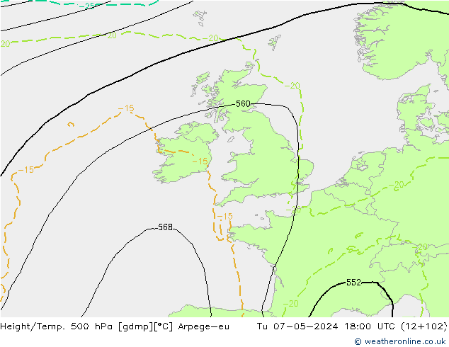 Height/Temp. 500 hPa Arpege-eu  07.05.2024 18 UTC