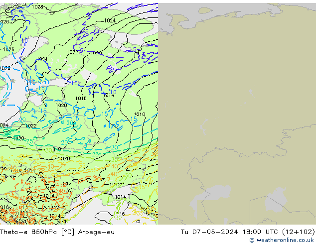 Theta-e 850hPa Arpege-eu di 07.05.2024 18 UTC