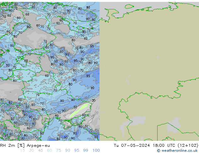 Humidité rel. 2m Arpege-eu mar 07.05.2024 18 UTC