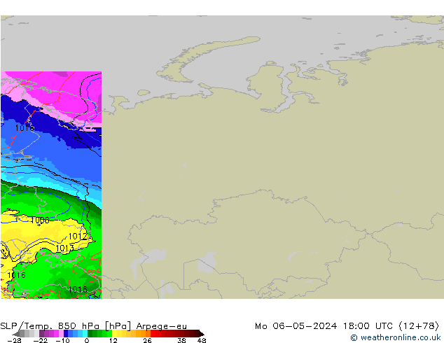SLP/Temp. 850 hPa Arpege-eu Mo 06.05.2024 18 UTC