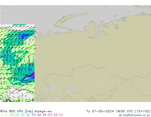 Vento 850 hPa Arpege-eu Ter 07.05.2024 18 UTC