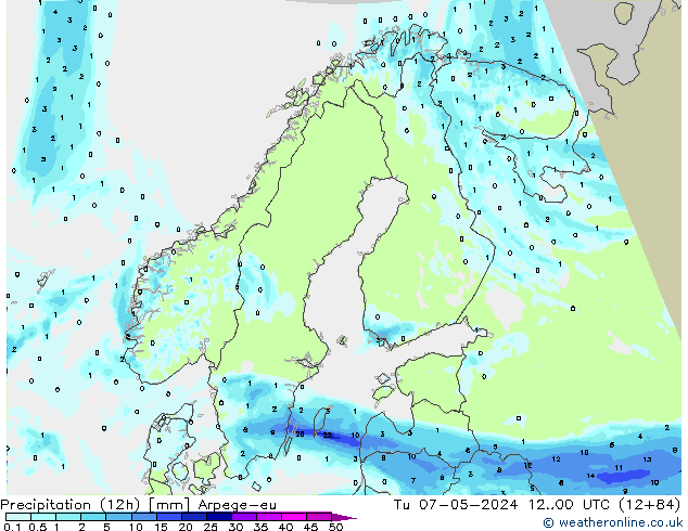 Precipitation (12h) Arpege-eu Tu 07.05.2024 00 UTC