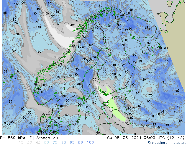 Humidité rel. 850 hPa Arpege-eu dim 05.05.2024 06 UTC