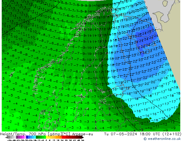 Géop./Temp. 700 hPa Arpege-eu mar 07.05.2024 18 UTC