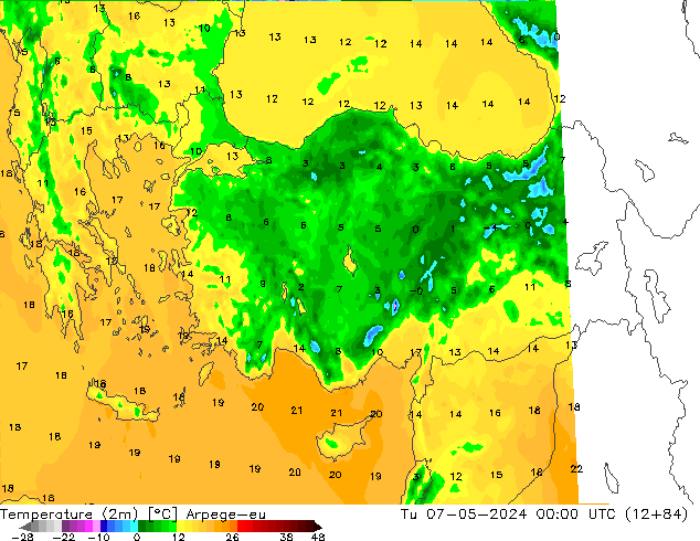 Temperatuurkaart (2m) Arpege-eu di 07.05.2024 00 UTC