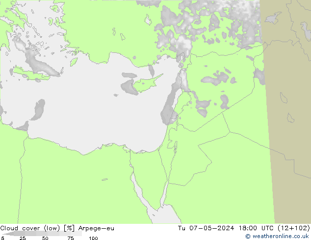 Cloud cover (low) Arpege-eu Tu 07.05.2024 18 UTC