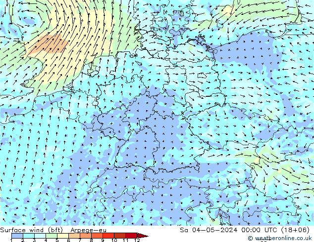 Surface wind (bft) Arpege-eu Sa 04.05.2024 00 UTC