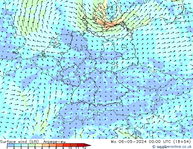 wiatr 10 m (bft) Arpege-eu pon. 06.05.2024 00 UTC