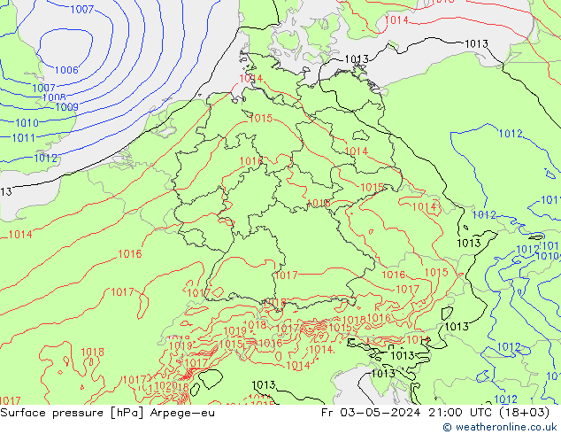 Presión superficial Arpege-eu vie 03.05.2024 21 UTC