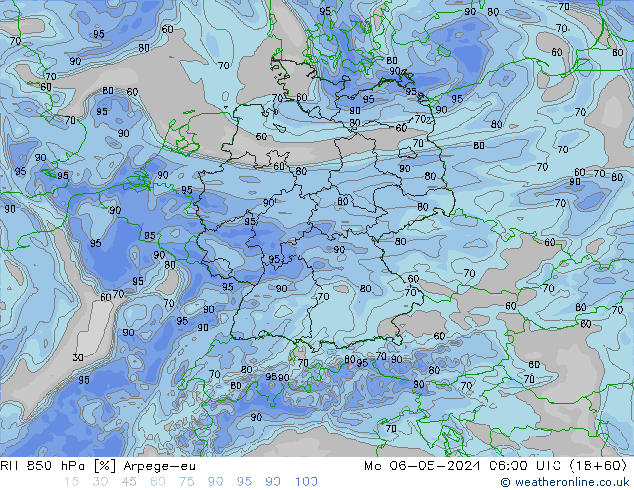 RH 850 hPa Arpege-eu Mo 06.05.2024 06 UTC