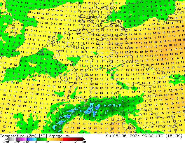 température (2m) Arpege-eu dim 05.05.2024 00 UTC